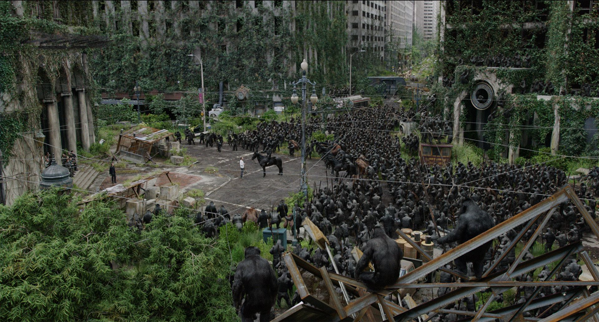 Figure 1 - In Dawn of the Planet of the Apes, when the apes ride into San Francisco and tell the humans to stay out of the forest in the "show of strength" scene, the vast number of apes - each with complex hair that would have taxed any renderer - were rendered in Weta Digital ManukaSource: https://www.fxguide.com/featured/manuka-weta-digitals-new-renderer/